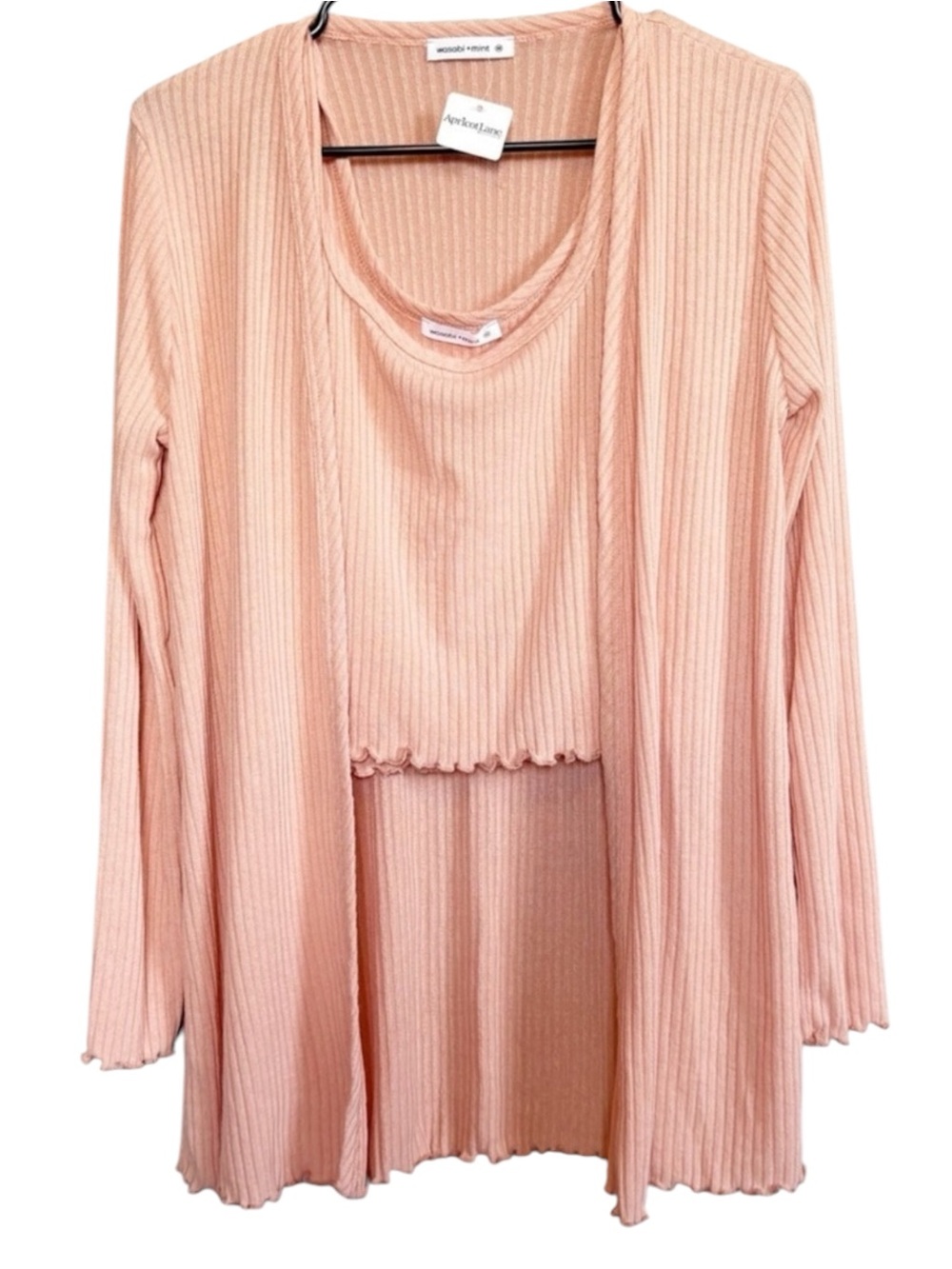 NWT Ribbed Blush Peach Cardigan & Cropped Tank Top Matching Two Piece Set Size M - Picture 2 of 11